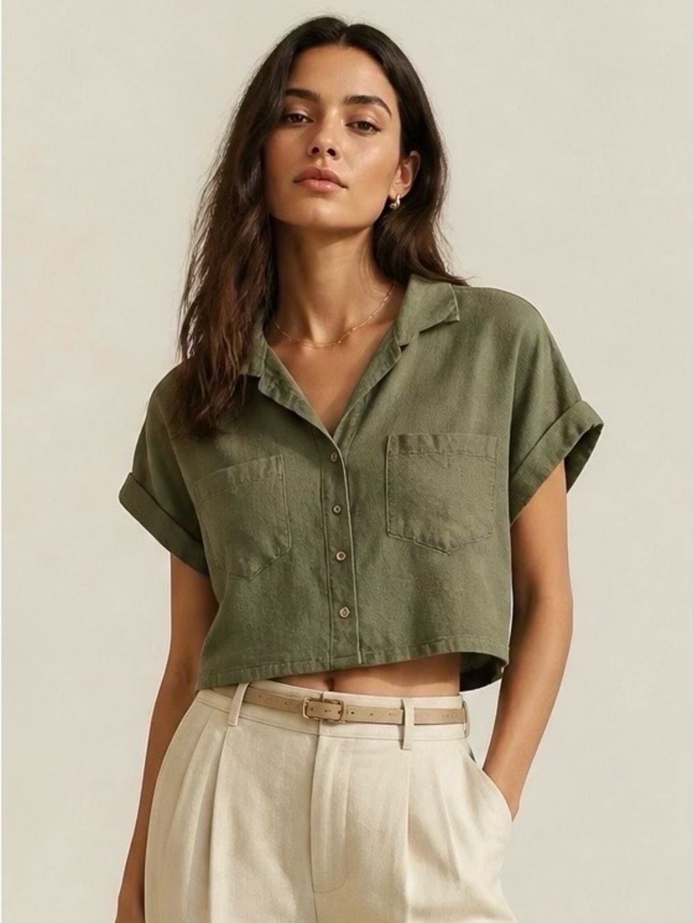 MI AMI Short Sleeve Button-Up Crop Shirt Khaki Green linen/viscose blend